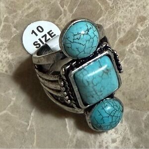 Sterling Silver 925 Triple Turquoise Statement Ring Size 10